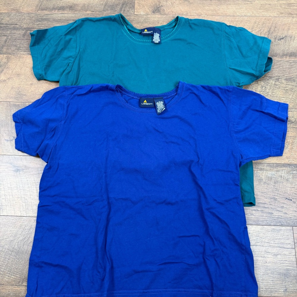 2 Vintage Liz‎ Sport 90s Cotton T-Shirts Blue Teal Boxy Cropped Large